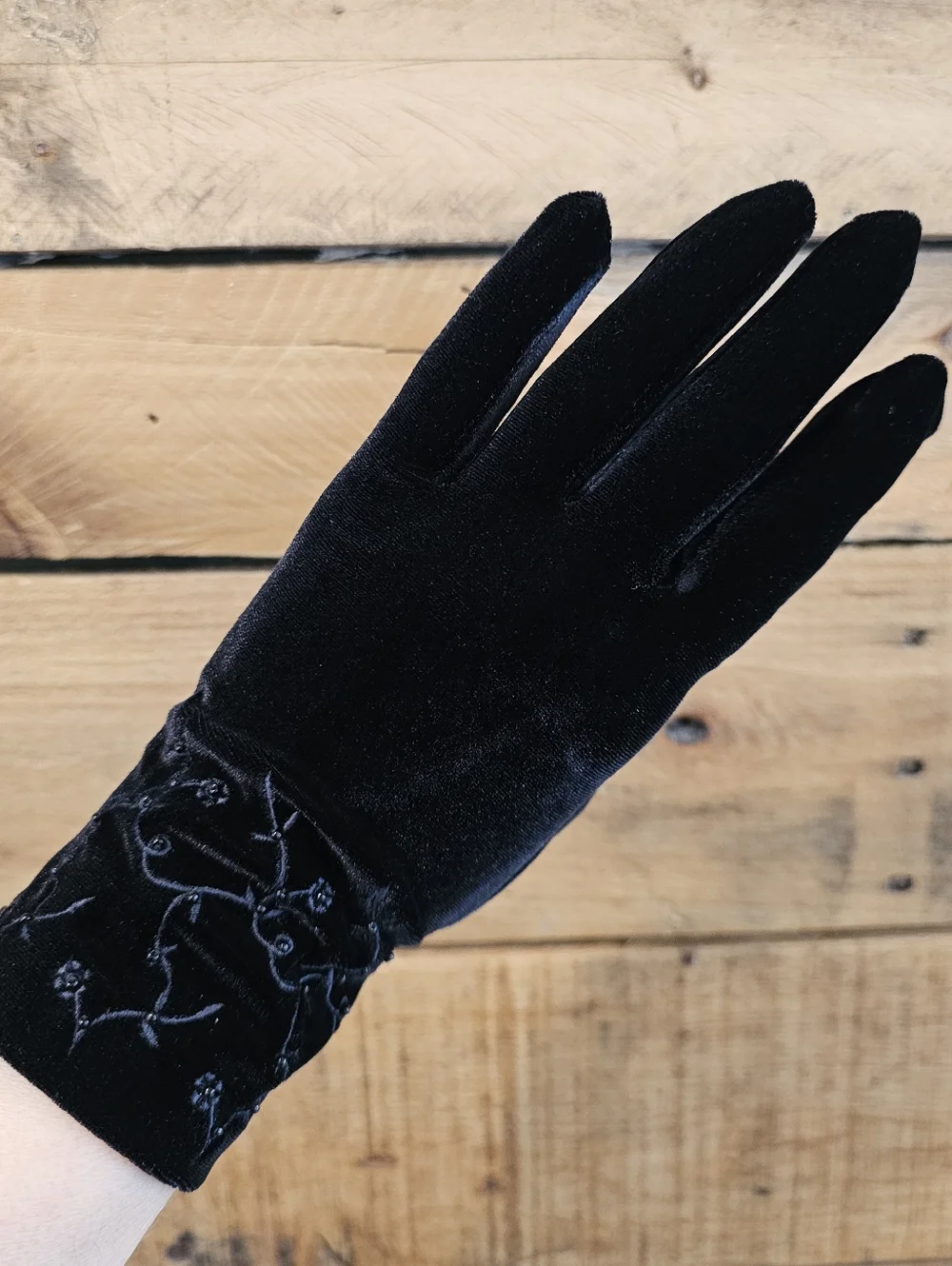 Stretch Black Velvet Gloves w/ Floral Embroidery & Bead Details
